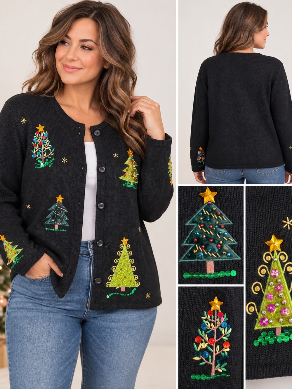 Crystal-Kobe Christmas Tree Embellished Cardigan Sweater L Black Green Holiday